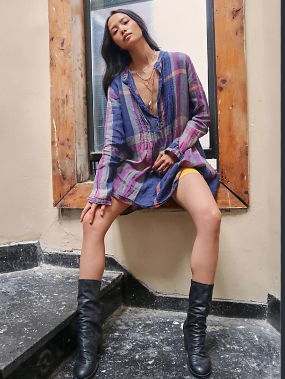 CP Shades Free People Madras Yoko Tunic Dress XL Purple Pintuck Relaxed Slouchy